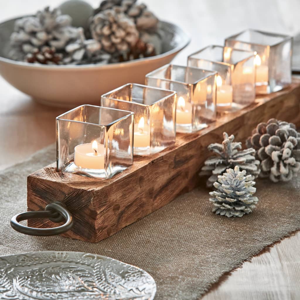 Sierra Wooden Glass Tealight Candle Holder 5 Candles, Tabletop Mantel Centerpiece Decorations, 26.77L x 3.54W x 4.72H inches