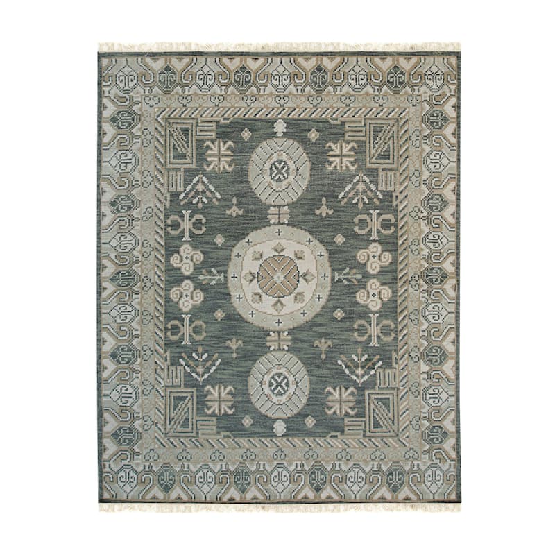 Home Décor Green Hand-Knotted Wool Khotan Rug by EORC | Luxurious Area Rug for Adding Timeless Elegance