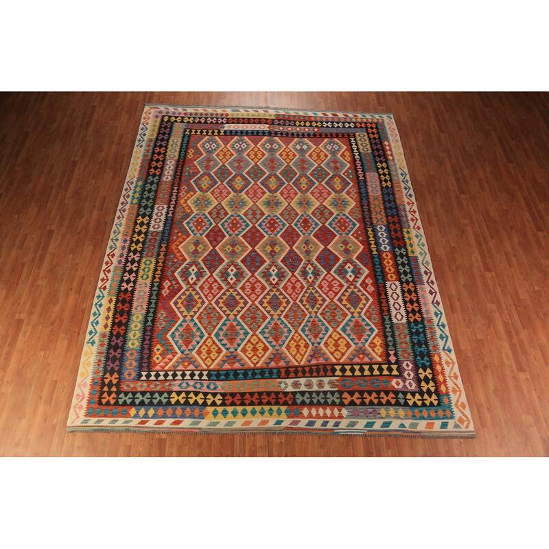 Geometric Kilim Area Rug Flatweave Oriental Multi-Color Wool Carpet - 9'11"x 12'10"