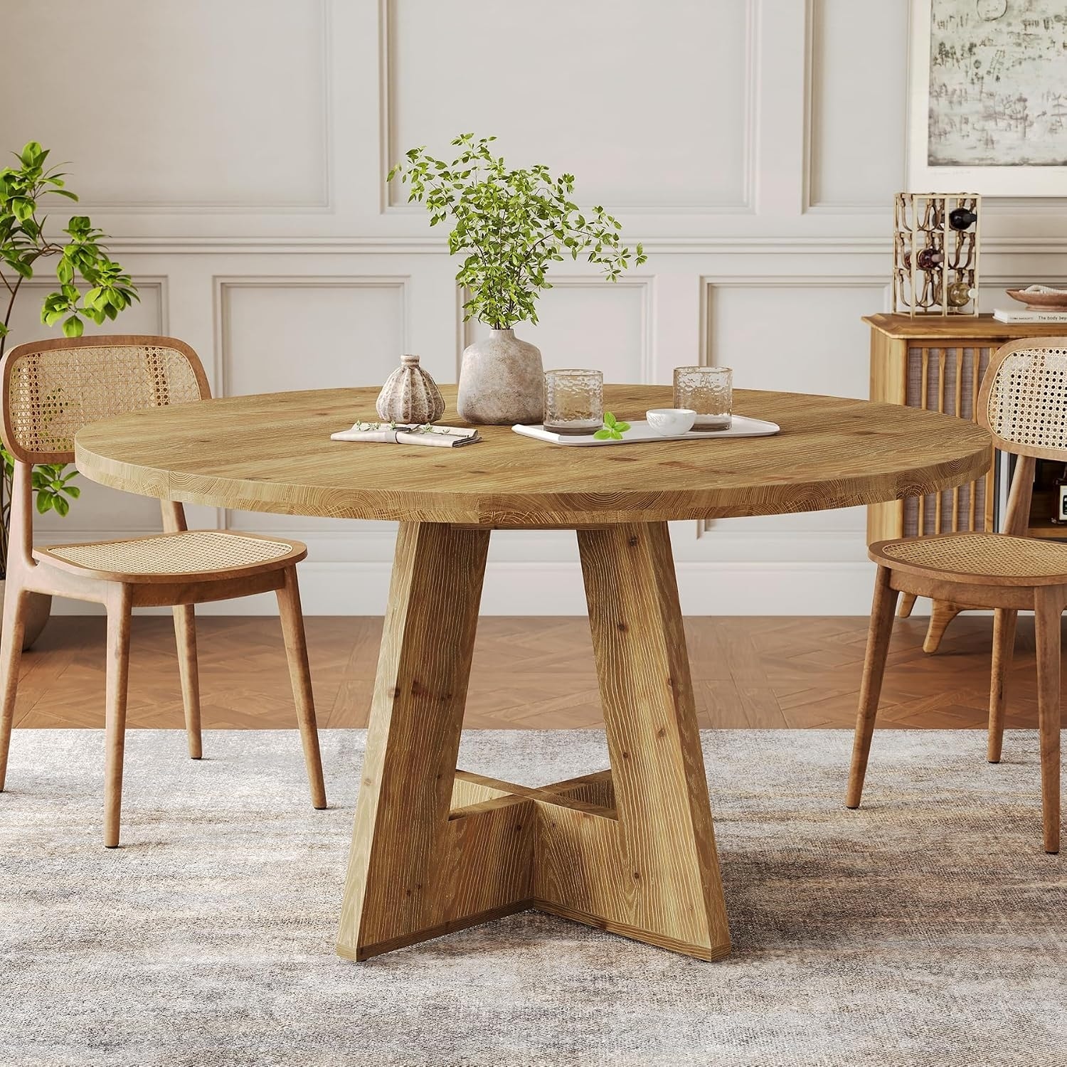 47-Inch Solid Wood Dining Table, Farmhouse Round Table for 4-6