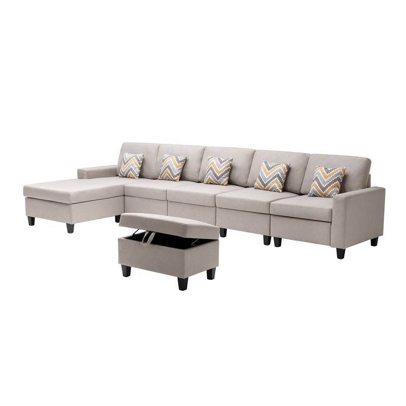 Linen Fabric 6 Piece Reversible Sectional Sofa Chaise with Interchangeable Legs, 5 Pillows and Storage Ottoman in Beige