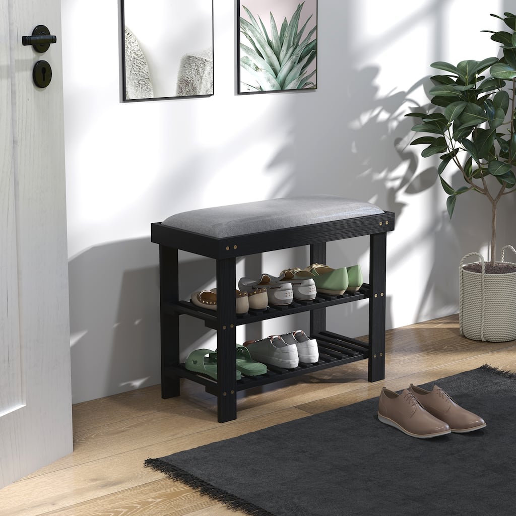 HOMCOM Bamboo Shoe Bench, 3-Tier Entryway Bench with Storage and Cushion, Shoe Organizer for Entryway, Hallway