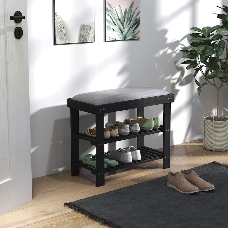 Wicker Two-Tier Storage Shoe Bench with Linen Cushion and Entryway Seating for Home and Hallway - 23.6" W x 11.4" D x 19.3" H