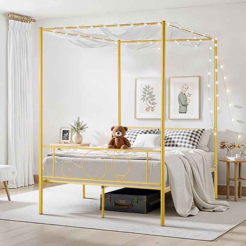 Gold Metal Full Canopy Bed Frame with Storage and DIY Decoration Rails