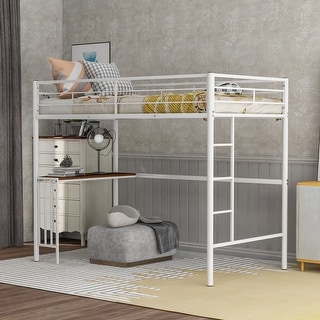 Twin Loft Bed with Built-in Desk and Guardrails, White