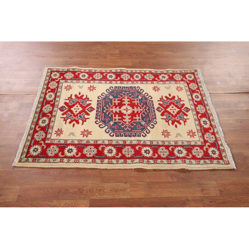 Kazak Foyer Rug Hand-Knotted Traditional Beige Wool Carpet - 2'10" x 3'10"