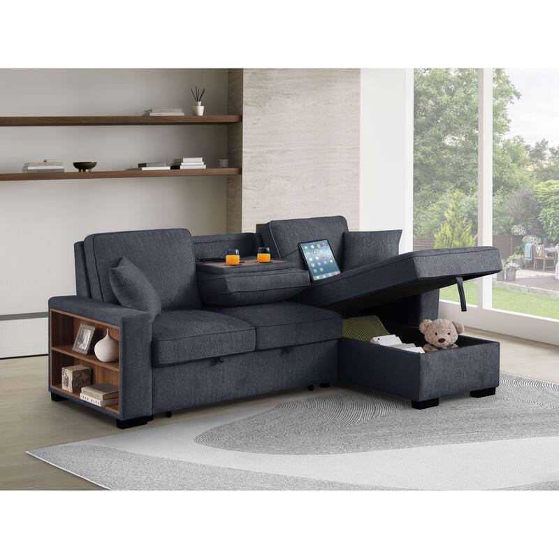 Chenille Reversible Sectional Sofa Convertible Pull Out Couch Bed