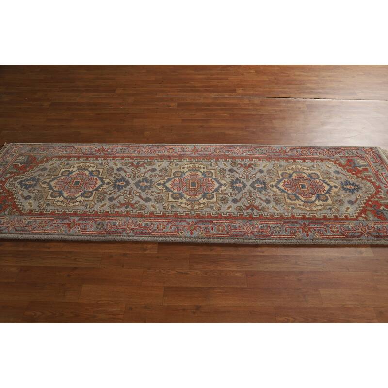 Hand Knotted Oriental 100% Wool Carpet Traditional Geometric Greys & Charcoal Heriz (serapi) Runner Rug - 7' 11'' X 2' 7''