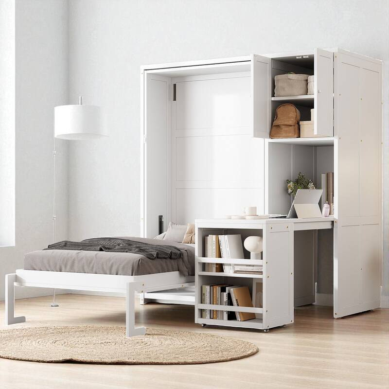 Twin Size Rotating Murphy Wall Bed with Bookshelf, Top Cabinet, Extendable Desk and Side Storage