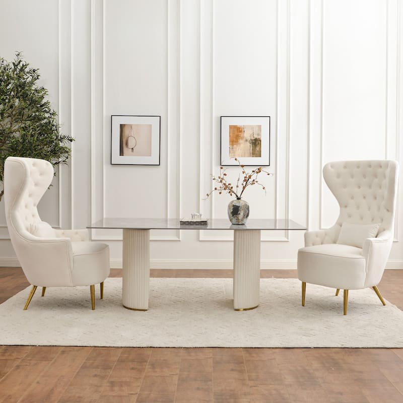 KINWELL Tufted High Wingback Accent Chairs Velvet Armchairs, Set of 2 - Beige