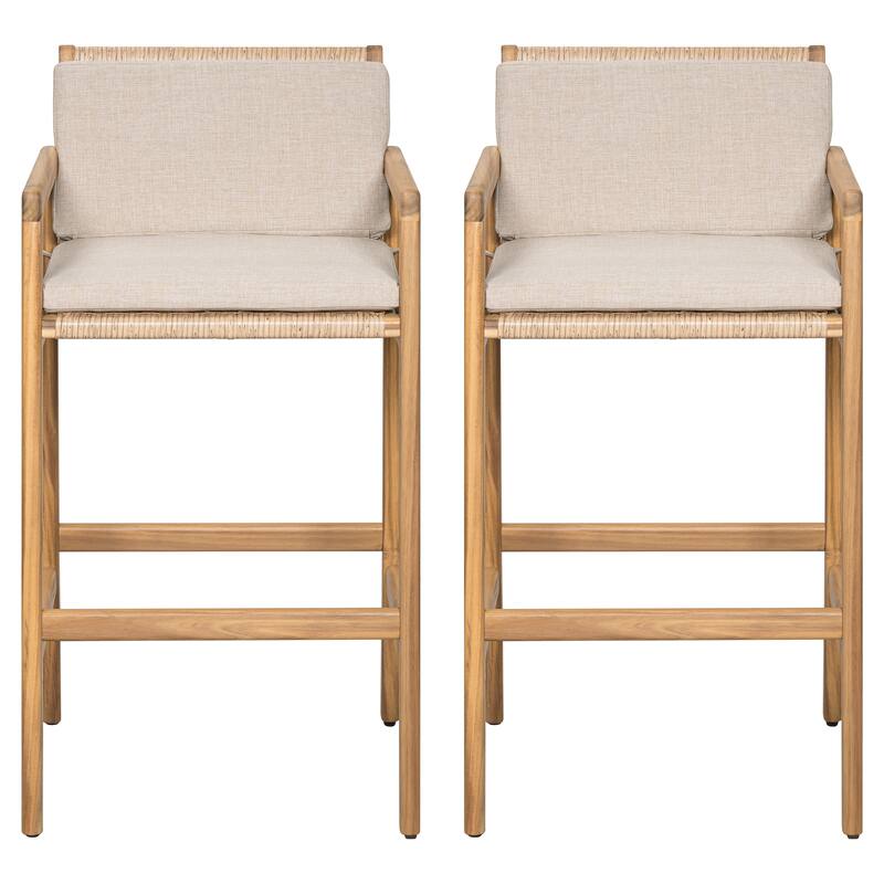 Roomfitters Marcella Outdoor Acacia Wood Barstools with Wicker Back, Teak Finish and Beige Set of 2