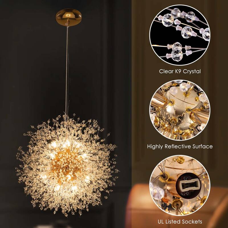 9/ 16-Light Modern Glam Large Round Globe Starburst Crystal Pendant Sphere Sputnik Firework Chandelier