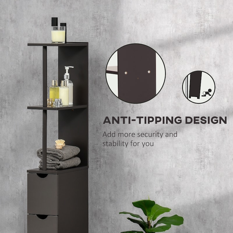 Brown Bathroom Display Cabinet Corner Cabinet with Open Shelves, Side Floor Storage Organizer with Drawers