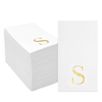 Gold Foil Initial Letter S White Monogram Paper Napkins (4 x 8 In, 100 Pack)