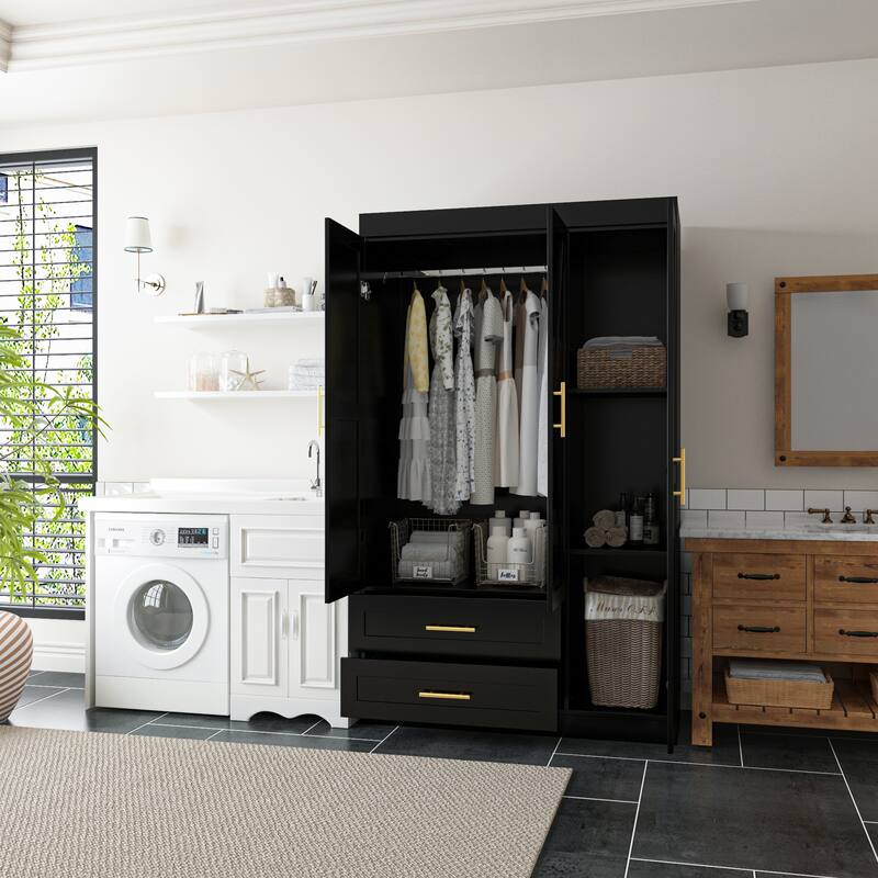 Classic Three-Door Wardrobe,Wood Bedroom Armoire with Hanging Rod and Shelves,Spacious Storage Closet,Modern Farmhouse Design