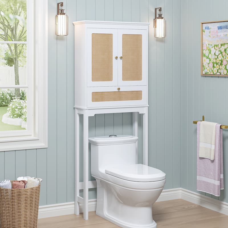 COSTARS Rattan Over-Toilet Cabinet with Tilt-Out Cube & Adjustable Shelf - Painted - White