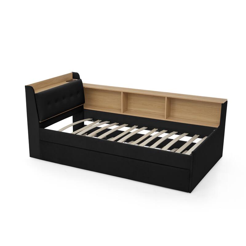 Twin Size Adjustable Velvet Day Bed with Storage, Trundle, LED Lights, and Wireless Charging