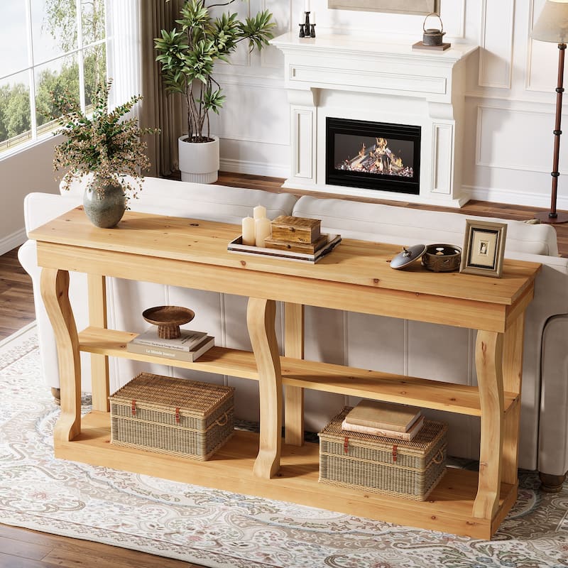 63 Inch Solid Wood Console Table for Entryway, 3-Tier Storage Shelves