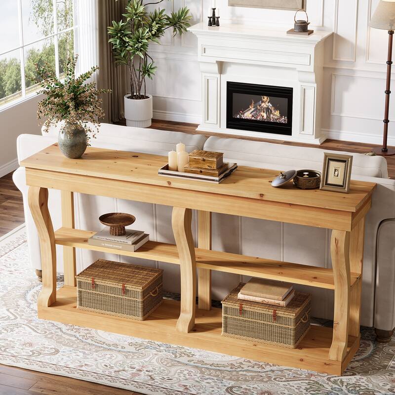 Solid Wood Entryway Console Table, 63'' 3-Tier Sofa Table Behind the Couch