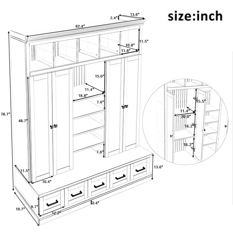 78.7''H Hall Tree with Bench and 5 Storage Cubbies