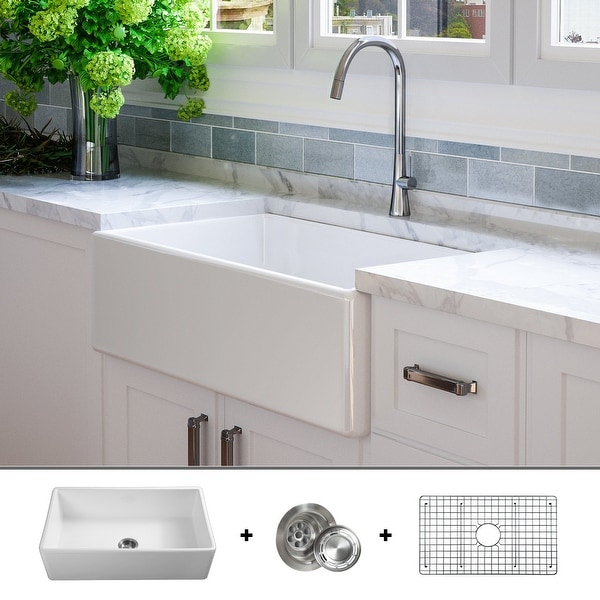 Luxury 33 inch Modern Fireclay Farmhouse Kitchen Sink, Single Bowl, White, Flat Front, includes Drain & Grid, by Fossil Blu