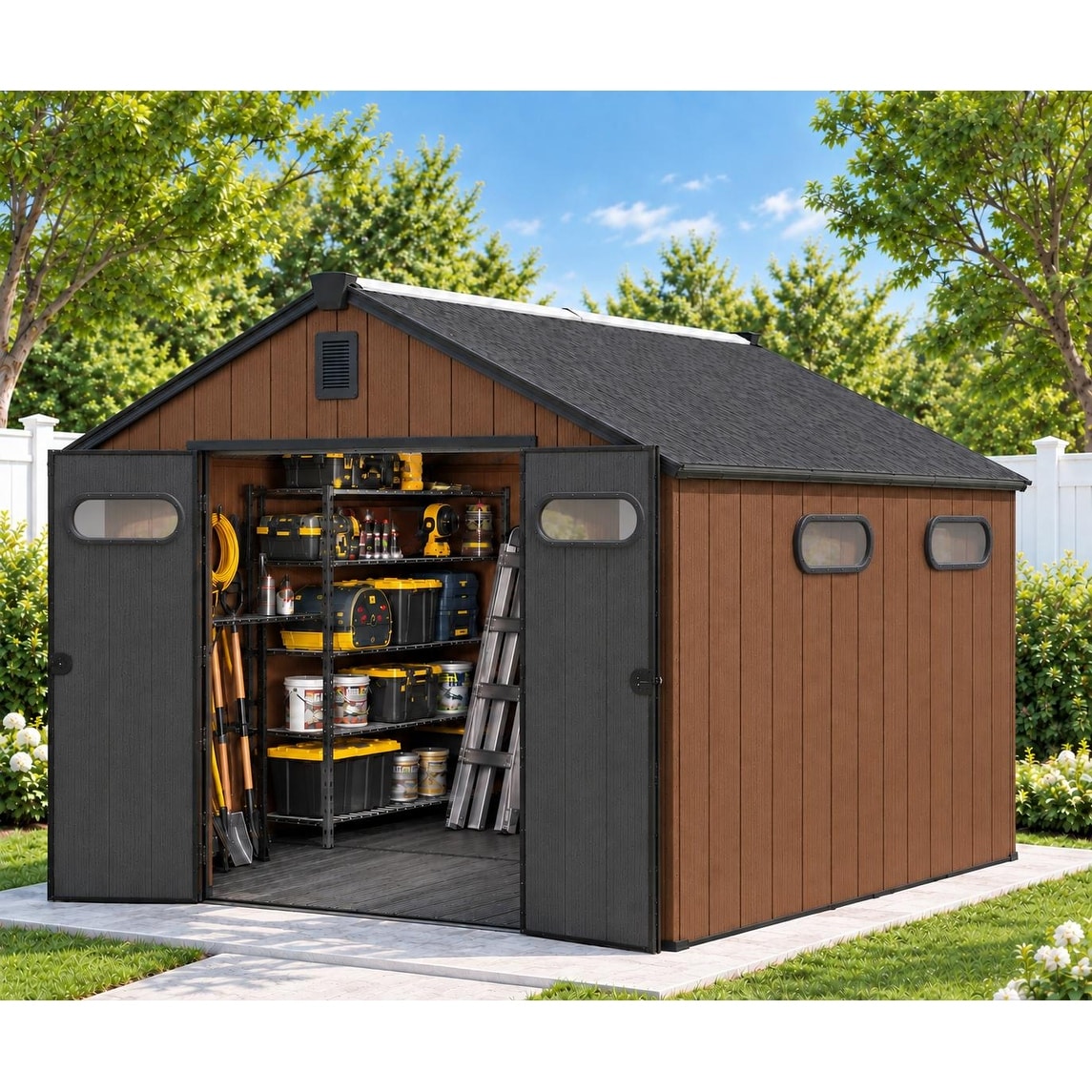 VredHom 8X8/8X10/8X12 FT All-Weather Outdoor Resin Lockable Storage Shed with Windows Floor for Patio Furniture and Tools
