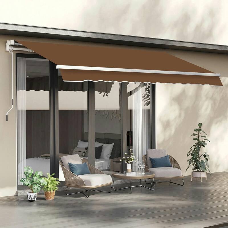 10' x 8' Retractable Patio Awning, Manual Crank, UV Waterproof Fabric - Coffee