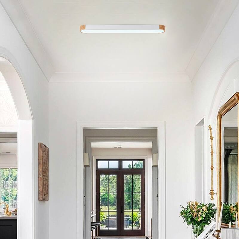 Modern Wood Grain Linear Flush Mount Ceiling Light Matte White LED Fixture for Bedroom Living Room Kitchen - N/A