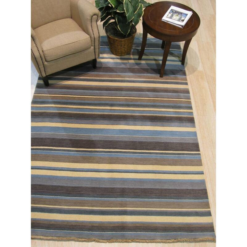 Blue/Brown Handmade Wool Transitional Striped Rug, 2' x 3', Small Accent for Home - L