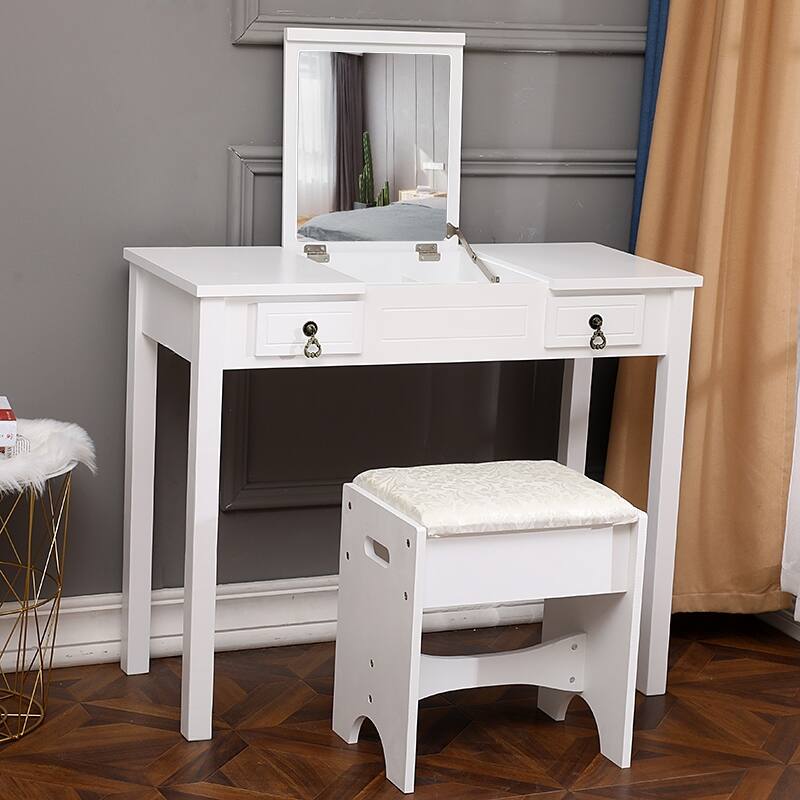 FCH Flip Single Mirror Double Drawers Straight Feet Dresser White