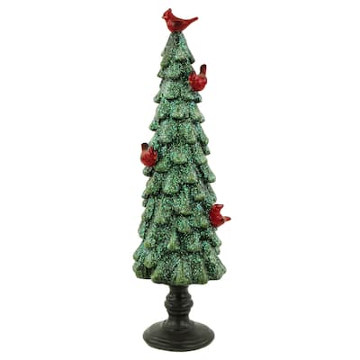 Glittered Tree with Cardinals Christmas Decoration - 11" - Green and Red