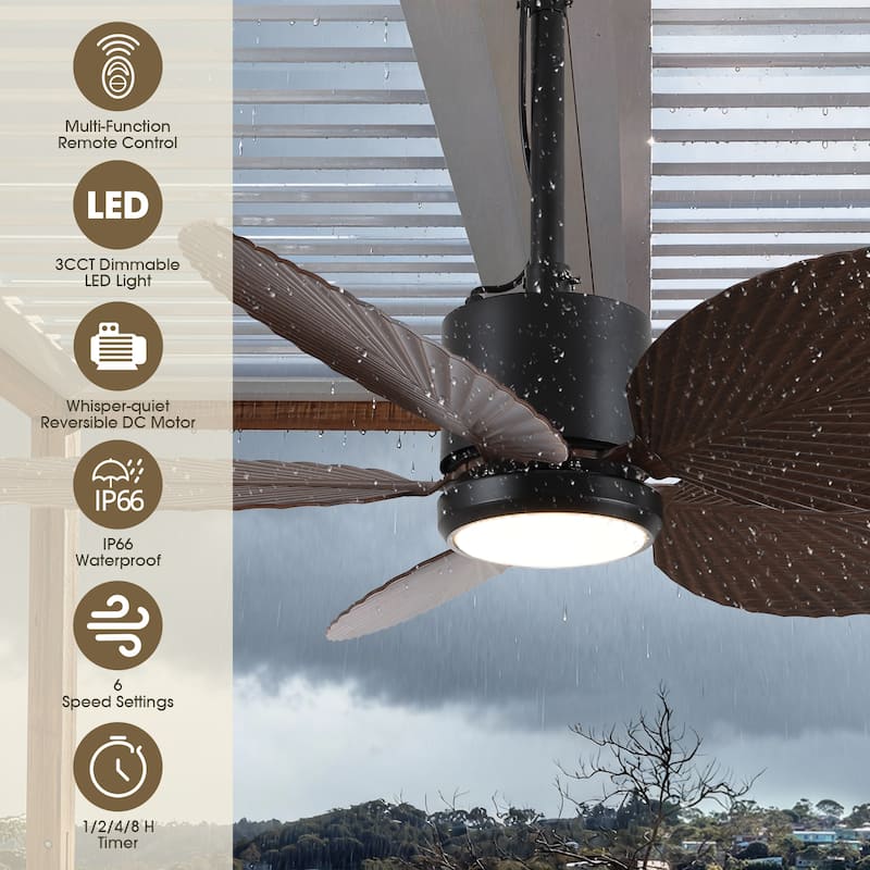 42" Farmhouse Black Waterproof Outdoor Gazebo LED Ceiling Fan with Light, Hook Downrod and Tropical Palm Leaf - 42"Wx13.7"H