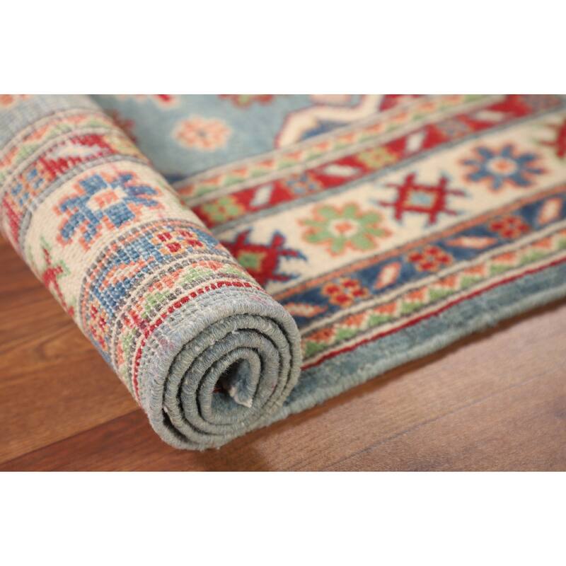 Light Blue Kazak Oriental Foyer Rug Handmade Geometric Wool Carpet - 2'8" x 4'0"