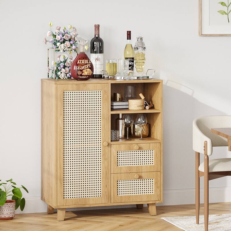 Rattan Buffet Cabinet with Adjustable Shelf, Sideboard with Drawers for Living Room, Kitchen, Entryway