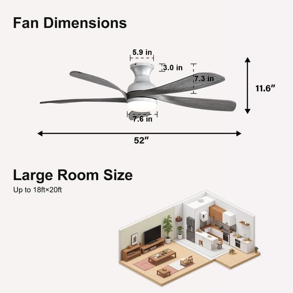 52 Inch Flush Mount 5 Wood Blades Smart Ceiling Fan with Light,Remote and APP Control-Farmhouse,Modern,Contemporary - 52 Inches