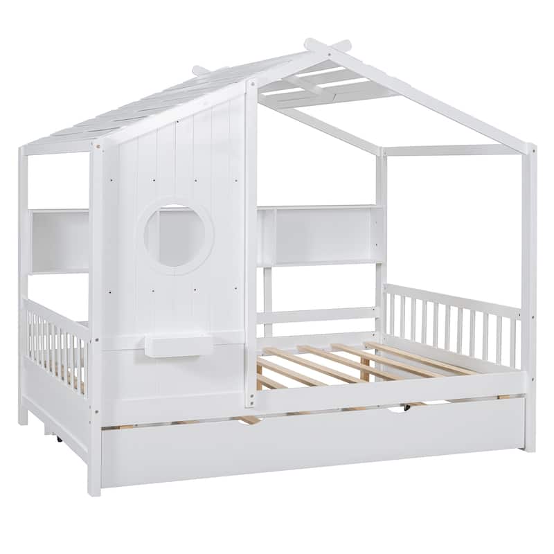 Wooden Full Size House Bed With Trundle