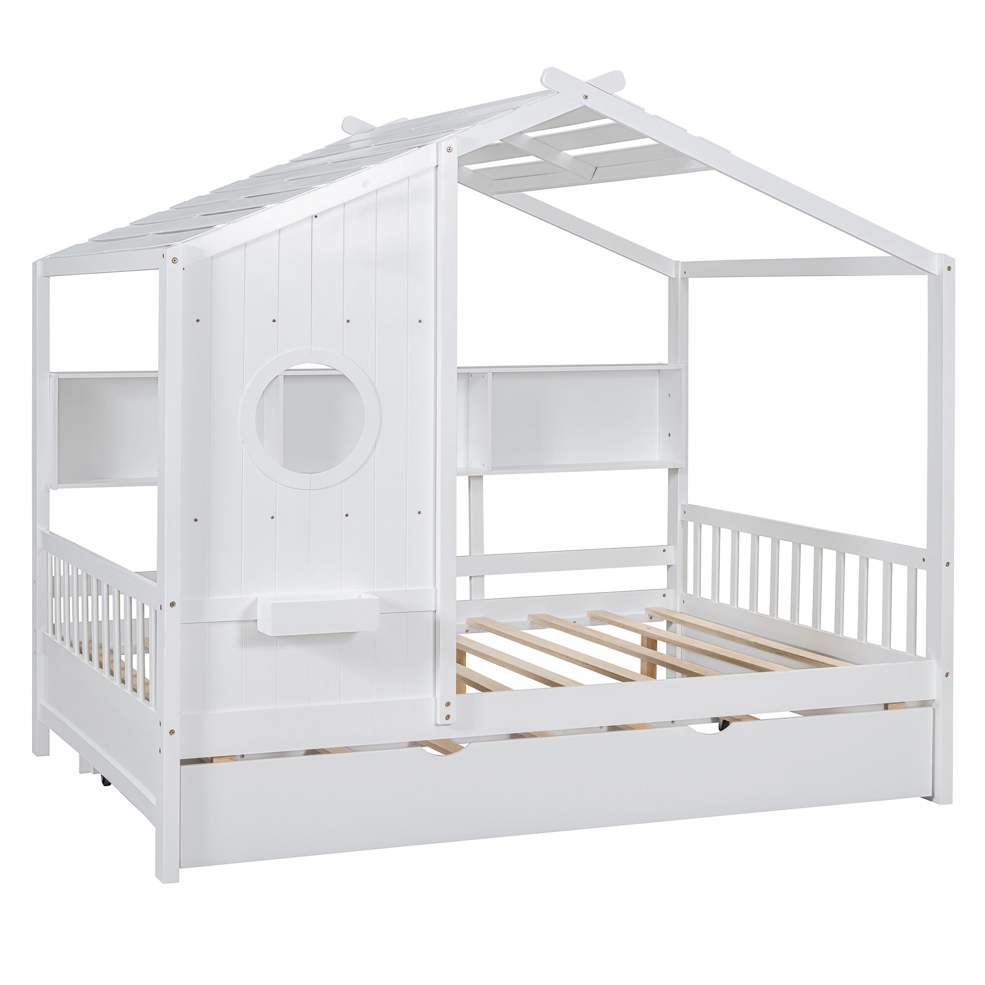 Wooden House Bed With Trundle for Kids