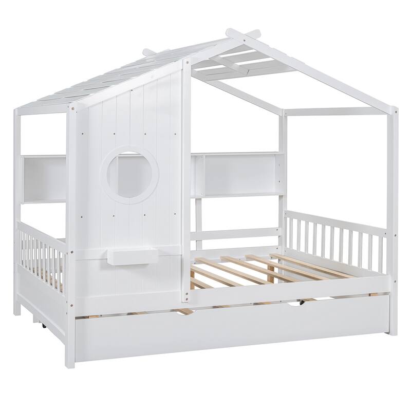 Wooden Platform Bed with Trundle & Storage Shelf