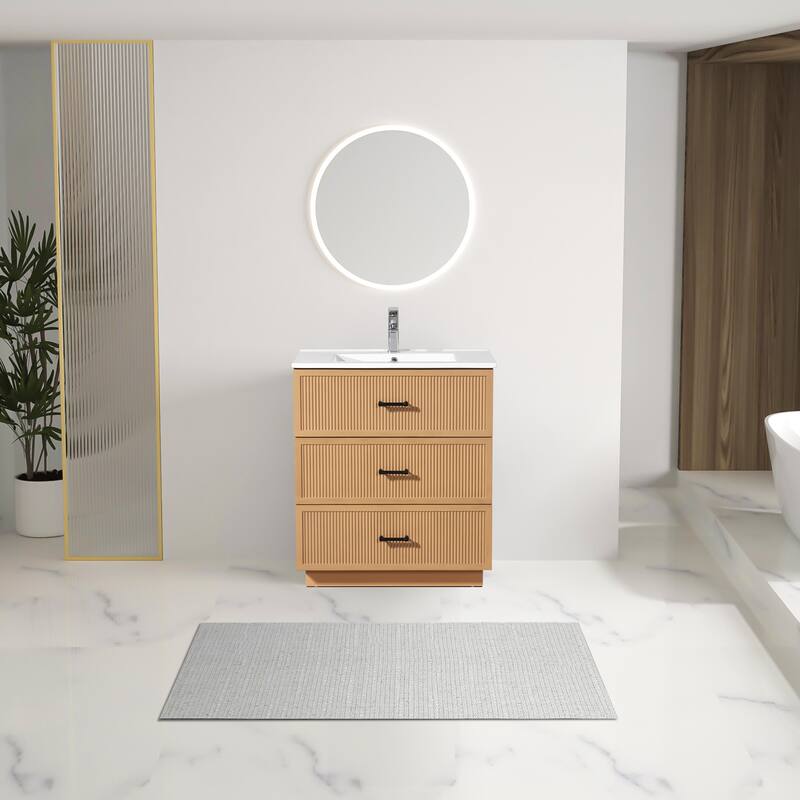 30" Freestanding Bathroom Vanity with Ceramic Sink and 2 Storage Drawers, Stylish Gray Floor Cabinet