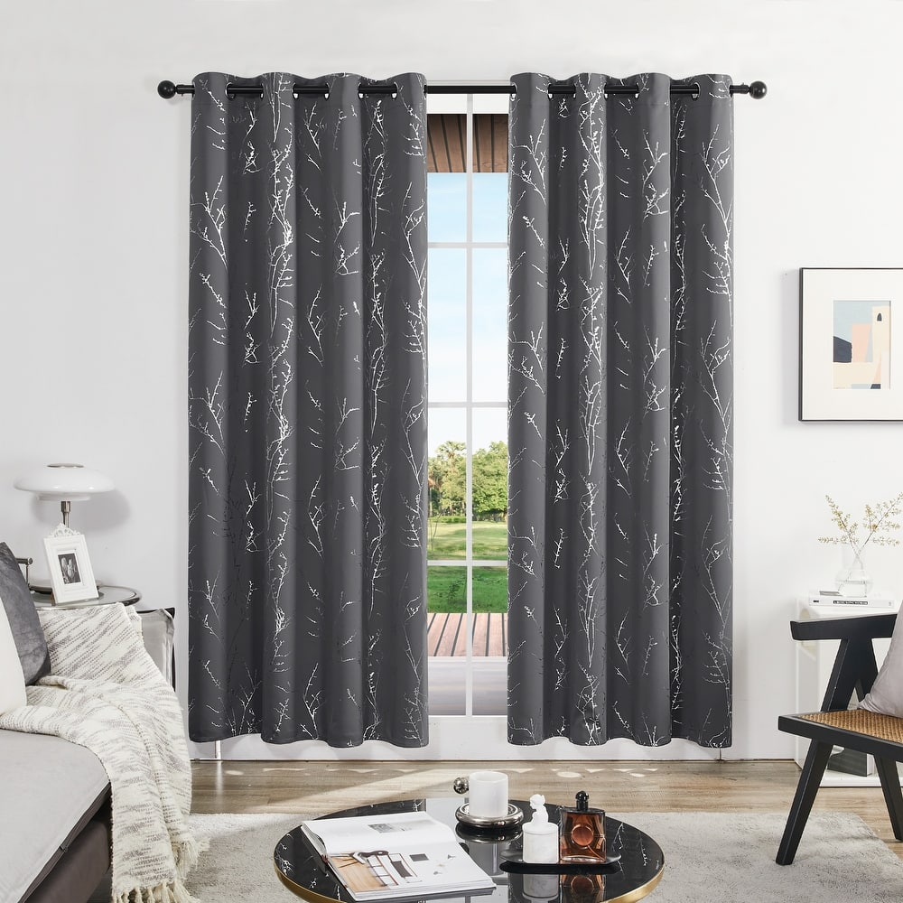 Deconovo Blackout Silver Tree Twigs Curtains(2 Panel)
