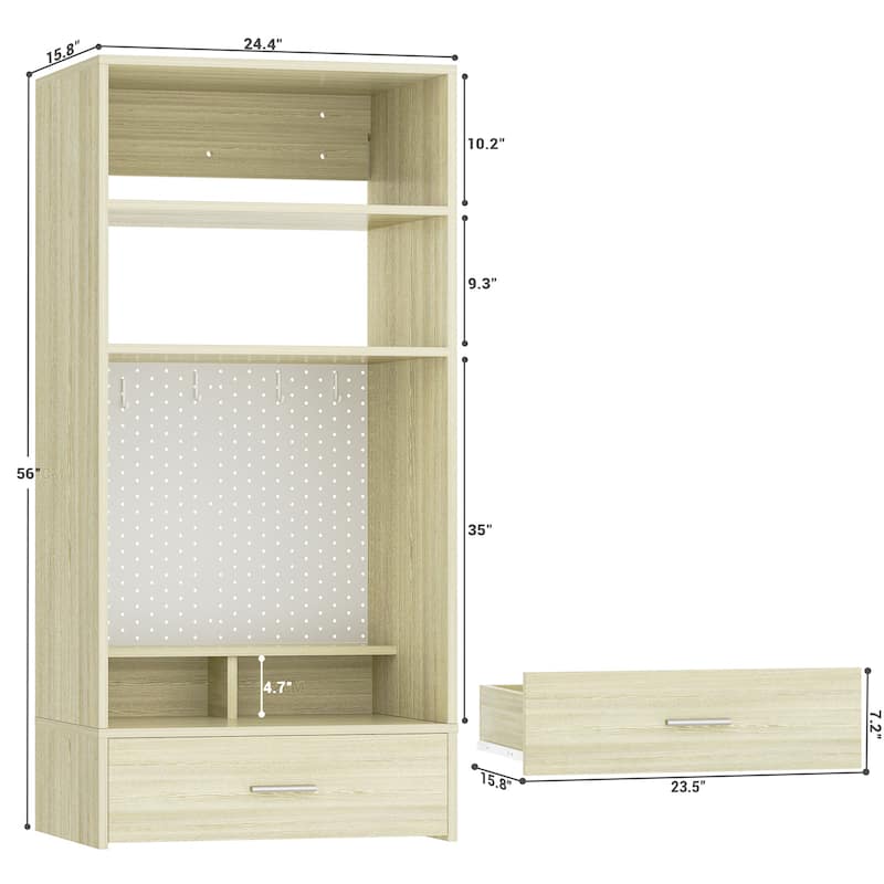 25'' W Hanging Closet System with Vanity Desk, Closet Organizer with Wood Drawer and Storage Shelves and Magnetic Pegboard
