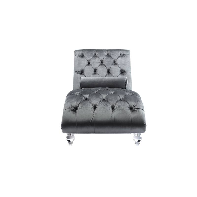 Silver Modern 63.98" Upholstered Buttons Tufted Chaise Lounge Chair with Pillow and Acrylic Legs