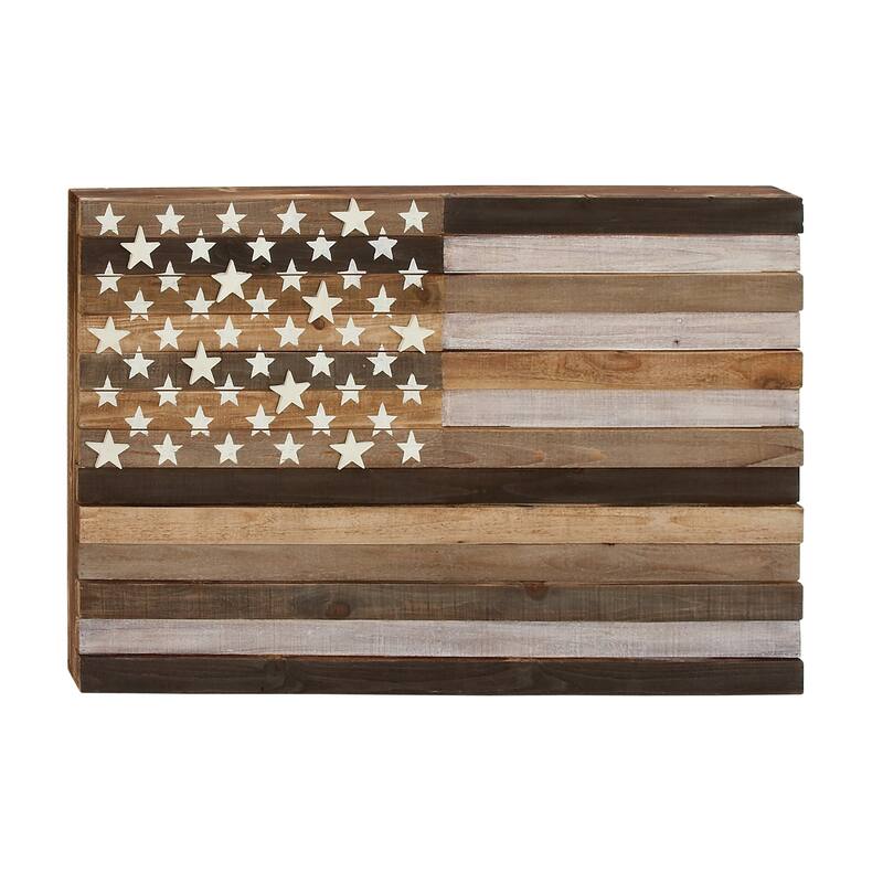 Brown Wood Handmade Washed American Flag Home Wall Decor with Slatted Panels and Cream Stars
