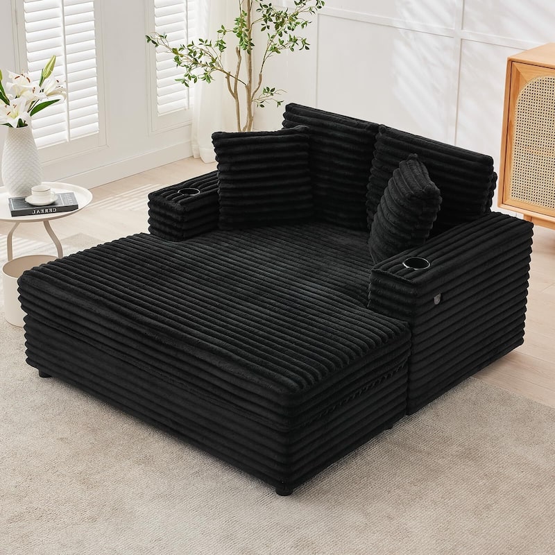 60 Inch Upholstered Sofa Bed with Throw Pillows and Armrests, Comfy Corduroy - Black