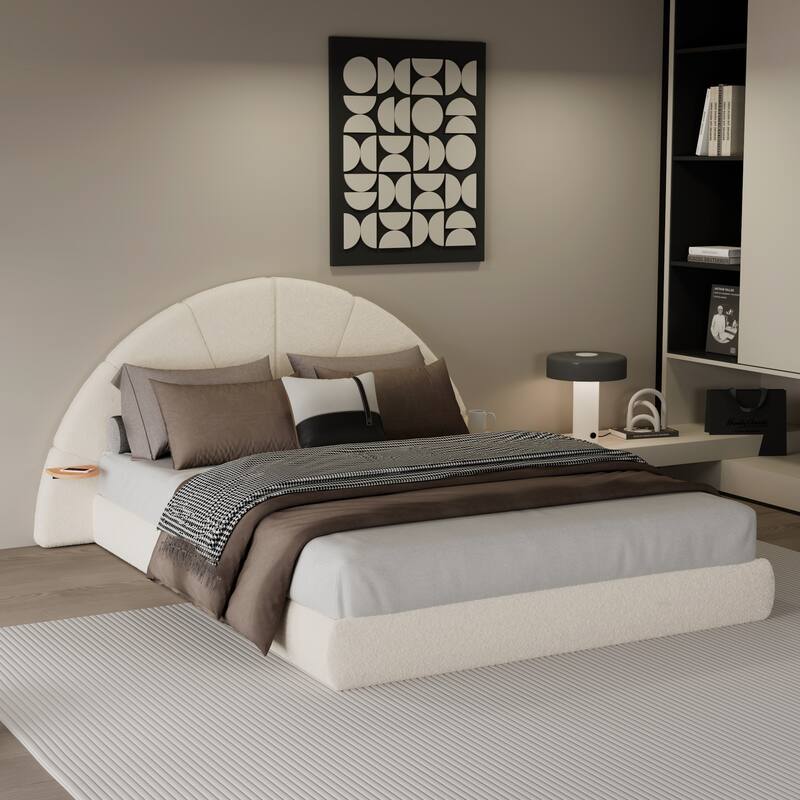 Queen Size Arched Boucle Bed with Side Table, Beige