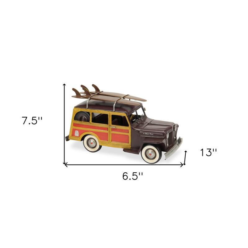 HomeRoots 8" Yellow and Brown Metal Hand Painted 1948 Brown Woody Model Car - 6.5' X '7.5' X '13