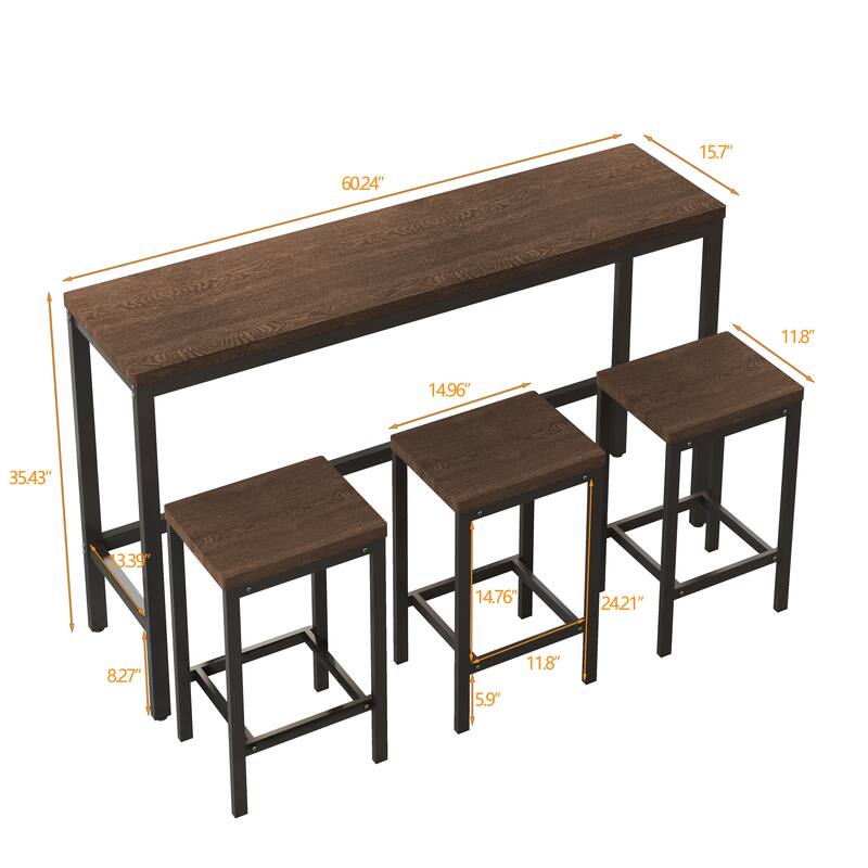 4-Piece Dining Set with Dining Table and 3 Dark Brown Stools