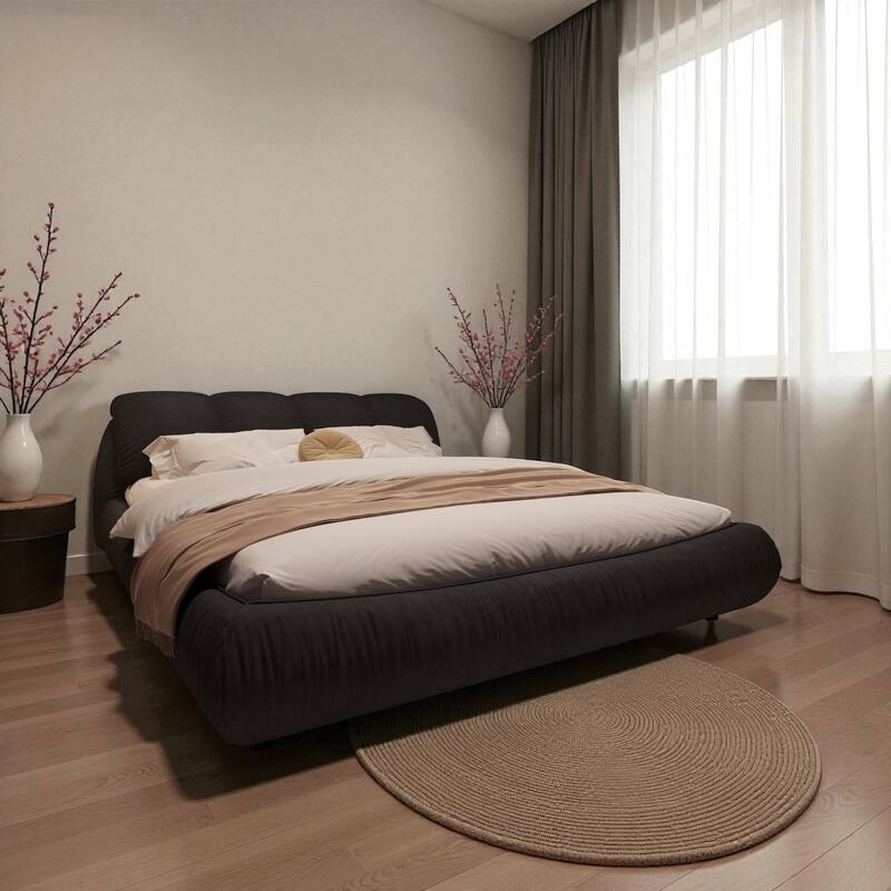 Queen/King Size Luxury Upholstered Platform Bed with Oversized Padded Headboard, Solid Wood Frame & Adjustable Mattress Height