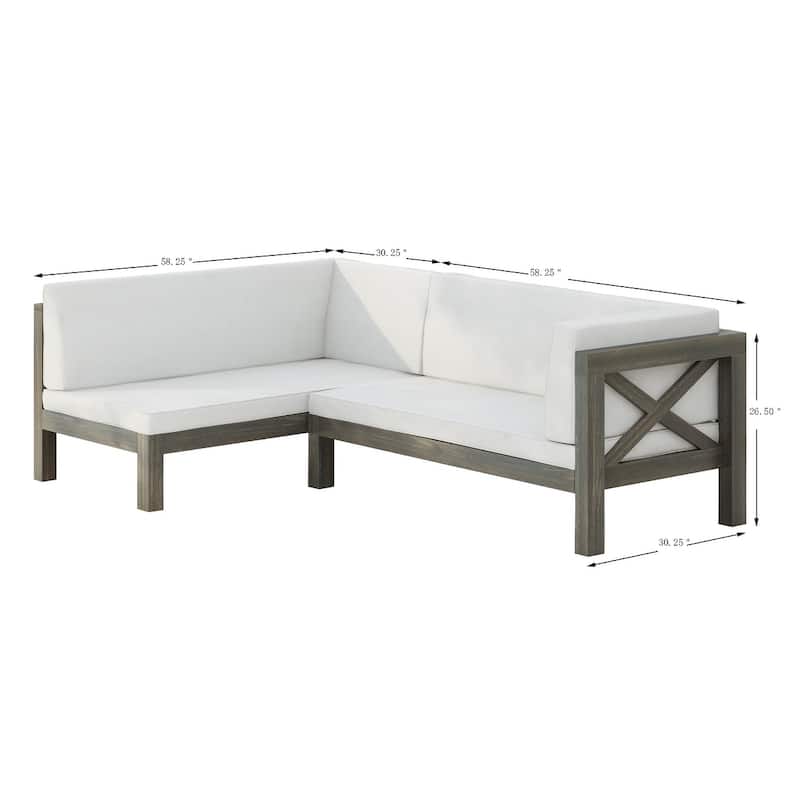 Roomfitters Outdoor Sectional Sofa Right Corner Bench with X-Back Acacia Wood Frame and Cushions