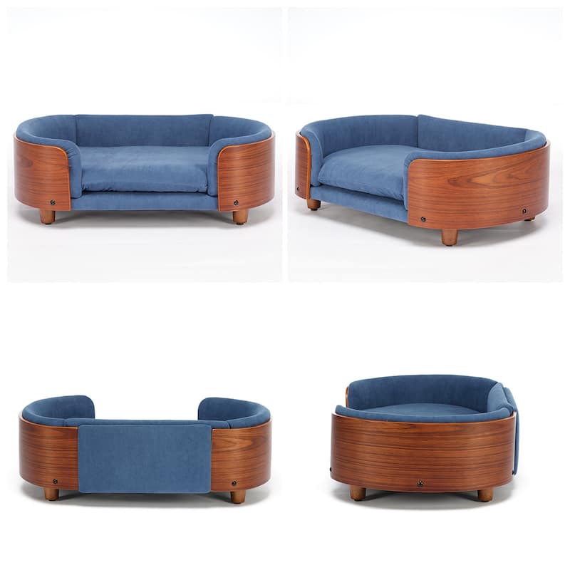 Scandinavian Velvet Pet Sofa with Wood Legs & Curved Back - Medium